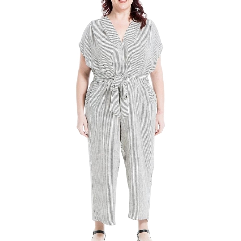 Max Studio Womens Plus Size Short Sleeve Waist Tie Jumpsuit